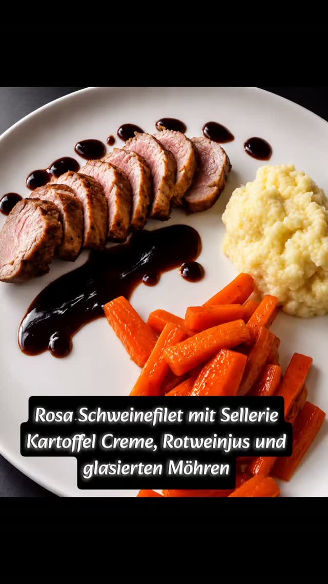 Rosa gebratenes Schweinefilet mit glasierten Möhren und Kartoffel-Sellerie-Creme. Ein Tel…